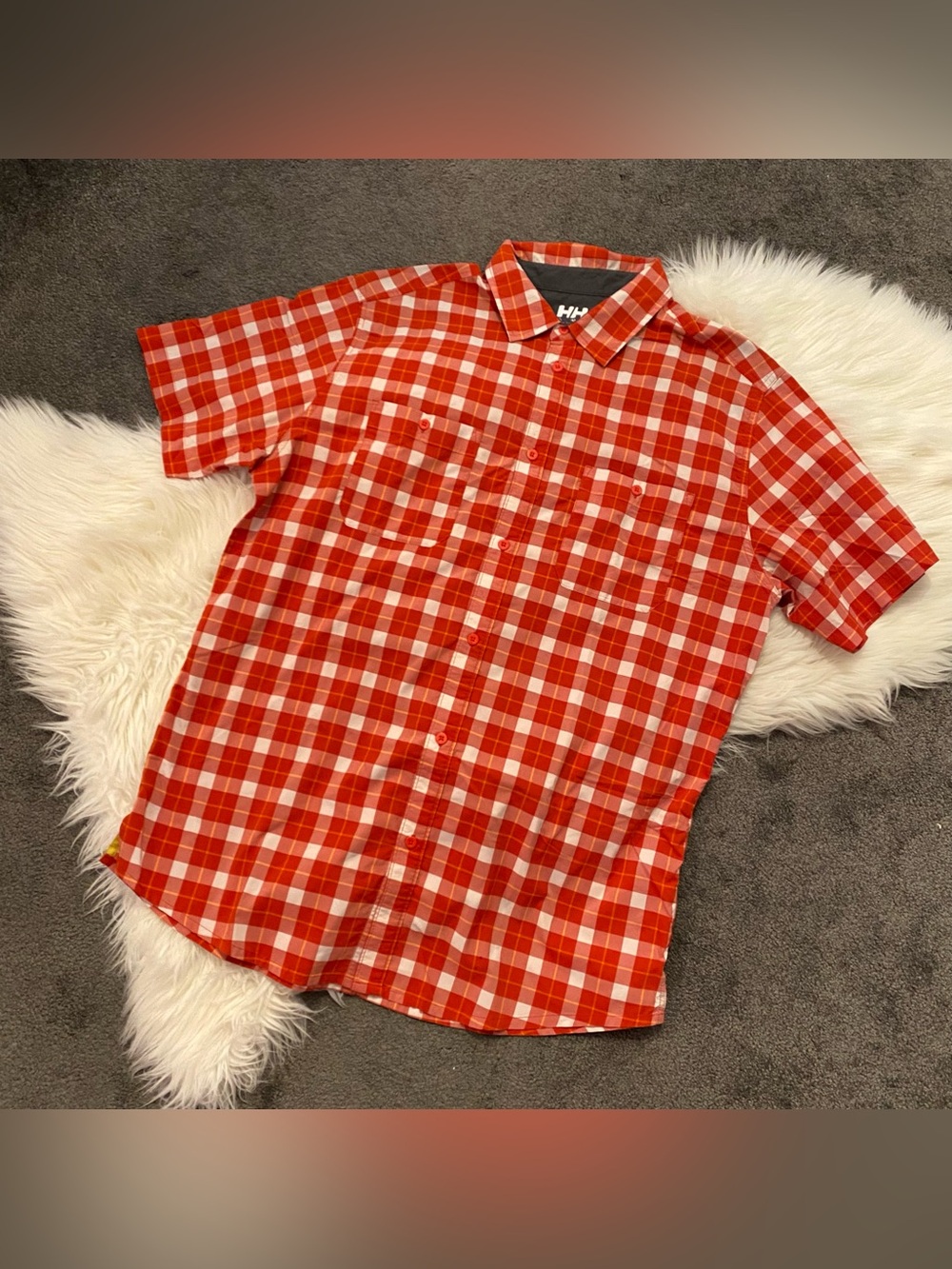 Helly Hansen Orange-Red Plaid Short-Sleeve Button-Down Shirt